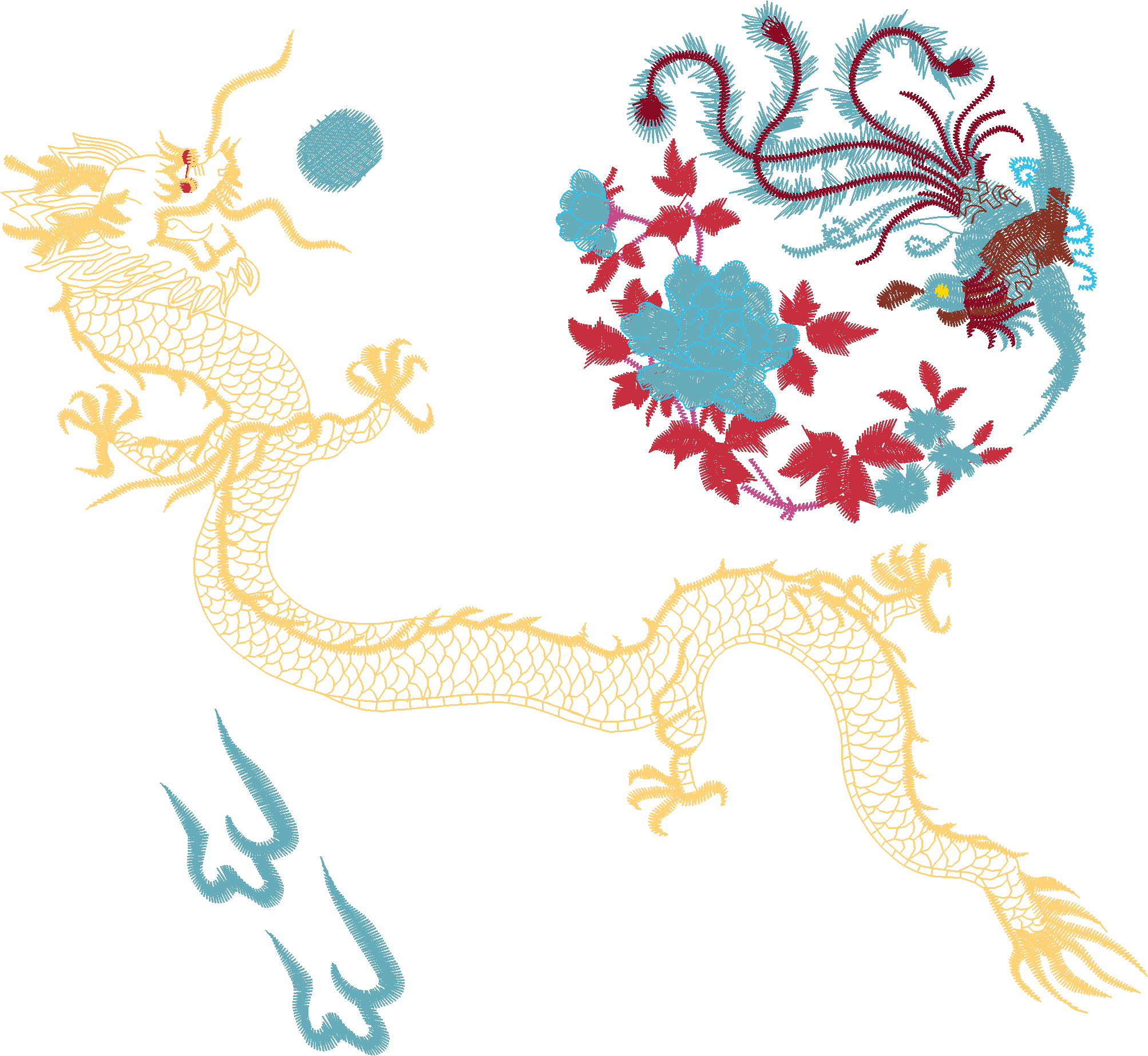 Pink Dragon with Fish and Flowers