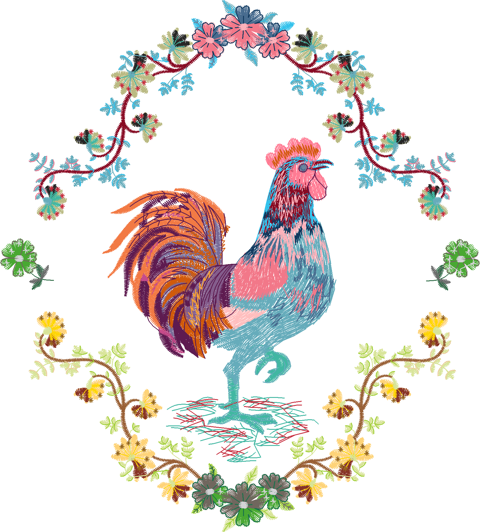 Rooster in Floral Wreath